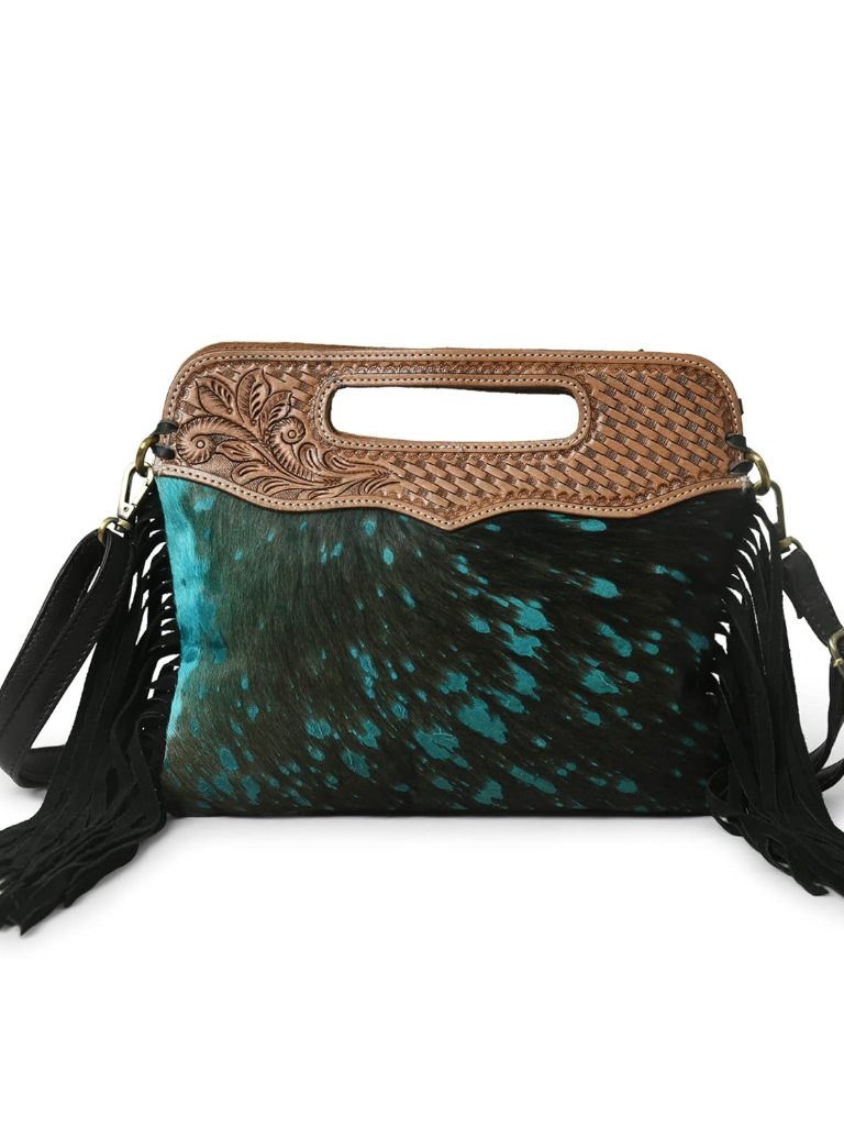 Genuine Leather Fringe Crossbody Bag 12 Inch Handcrafted Western Tooled Leather
